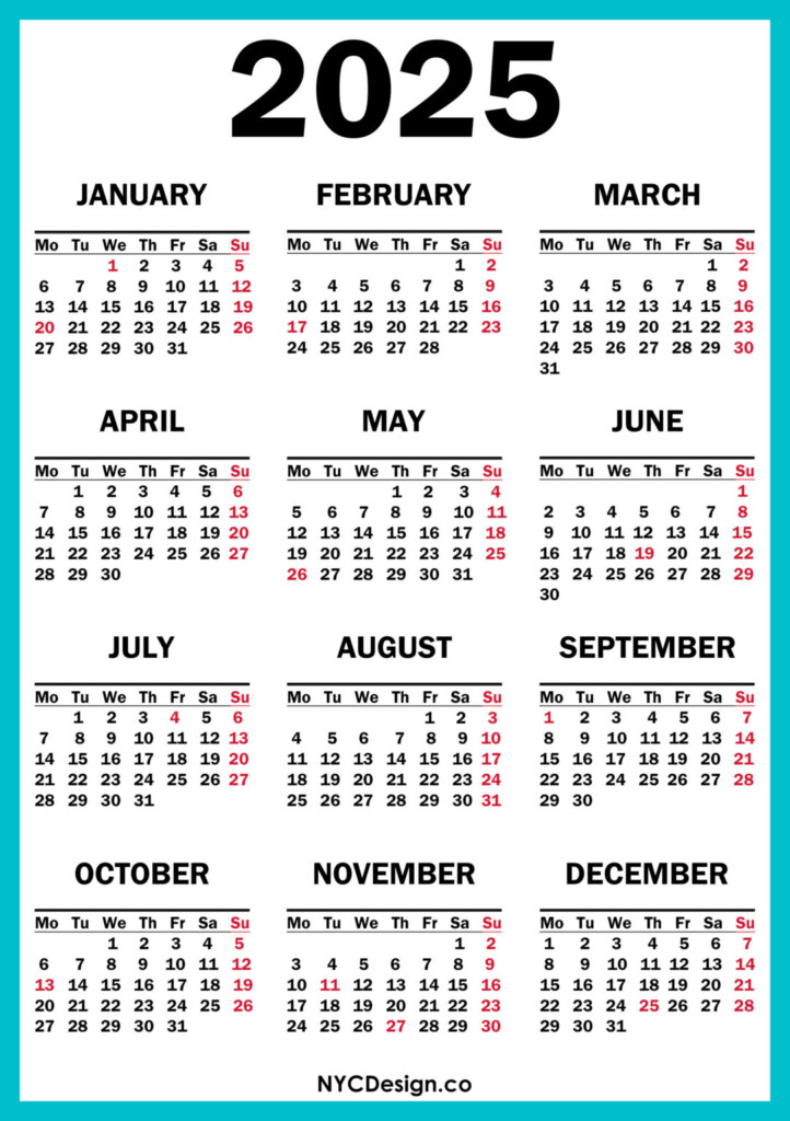 2025 Calendar With US Holidays Printable Free Turquoise Blue Monday Start Nycdesign Us