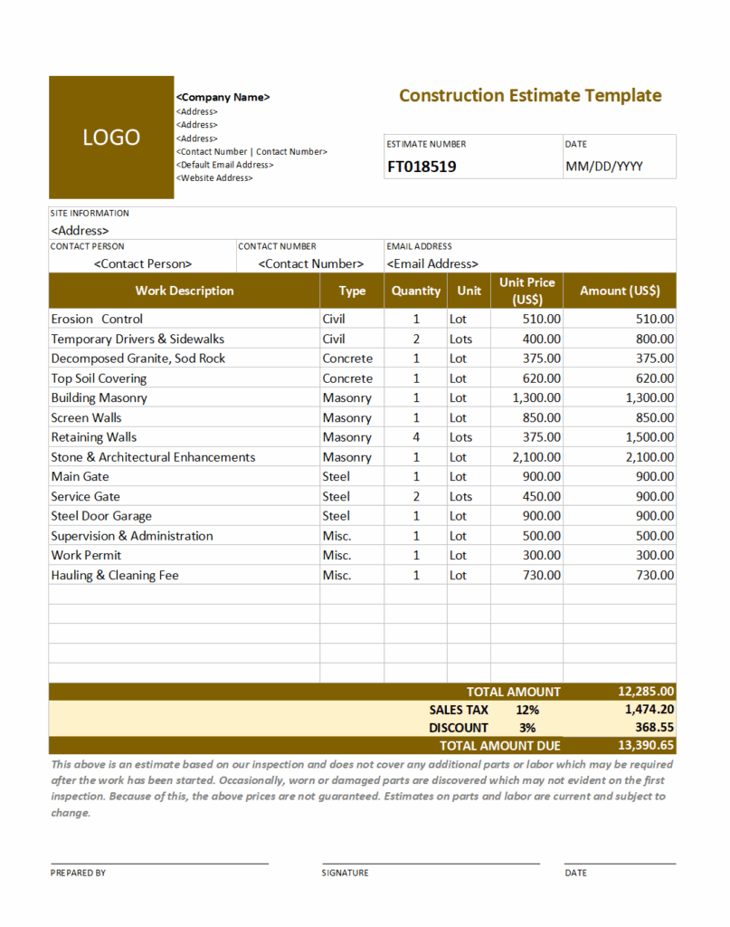 28 Free Estimate Template Forms Construction Repair Cleaning 
