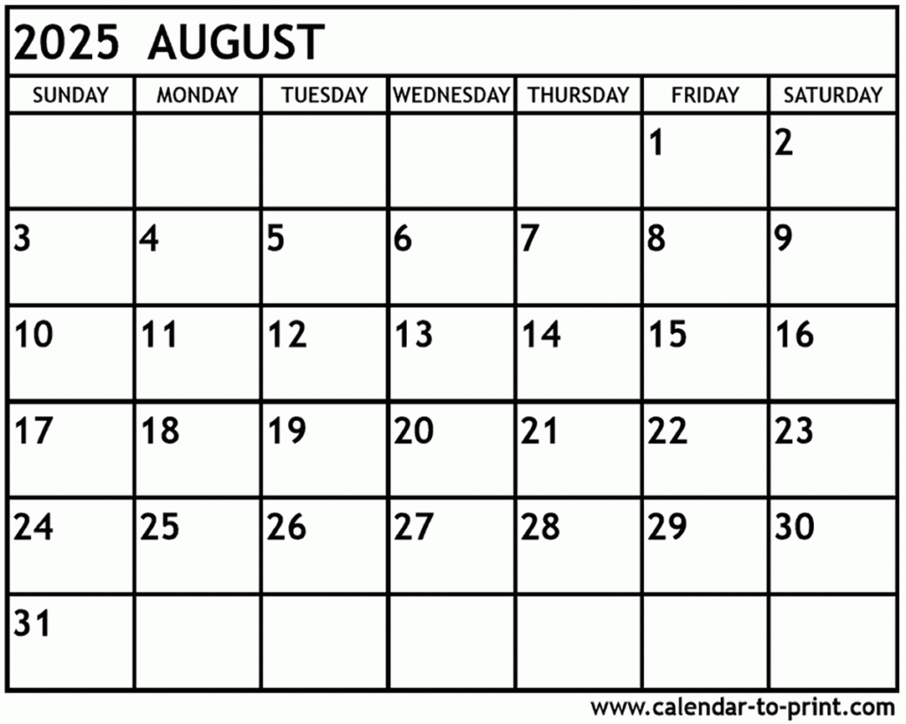 August 2025 Calendar Printable PDF Calendrier 2025 2026 Gratuit