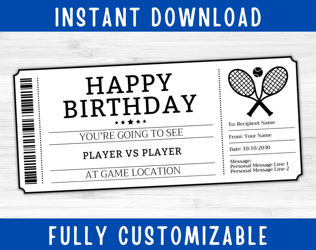 Birthday Tennis Ticket Gift Surprise Tennis Game Ticket Printable Voucher Certificate