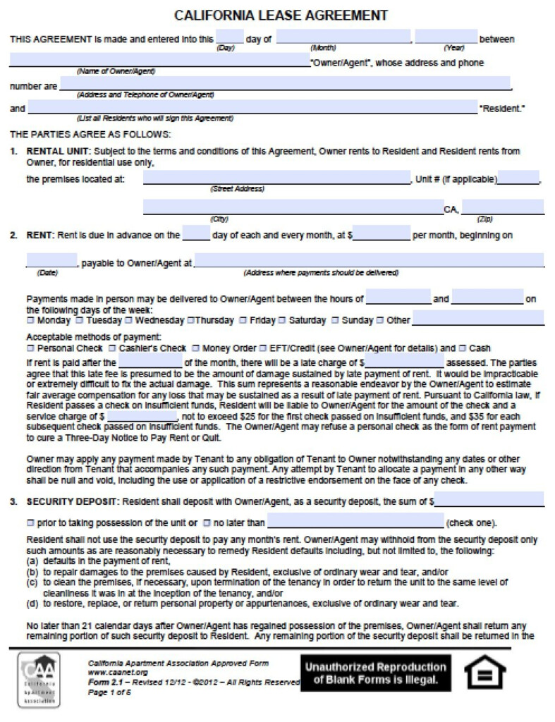 California Rental Agreement Template Free
