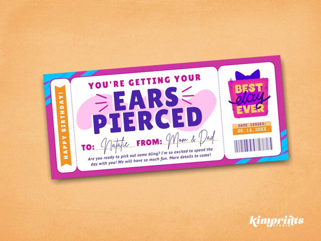 Ear Piercing Ticket Template Piercing Souvenir Voucher Ears Pierced Gift Certificate Ear