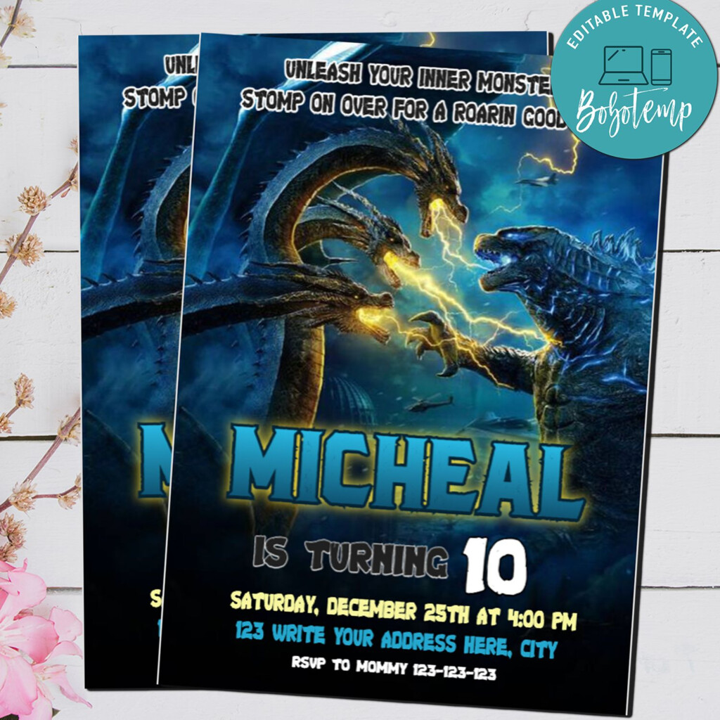 Editable Godzilla Birthday Invitation Digital File Createpartylabels