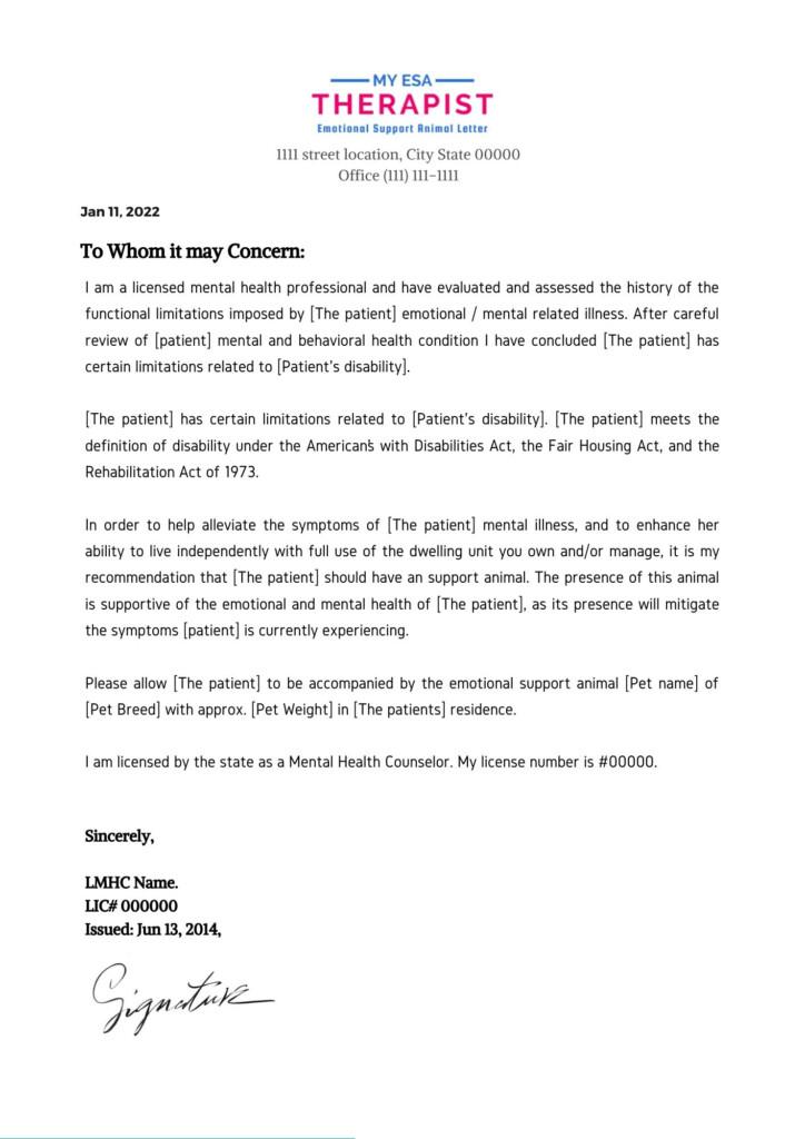 Emotional Support Animal ESA Letter For Housing My ESA Therapist