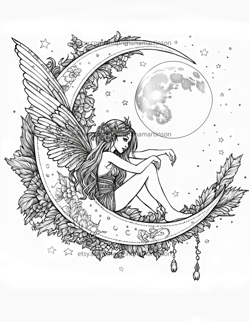 Fantasy Fairy Printable Adult Coloring Book Page Ornate Crescent Moon Etsy