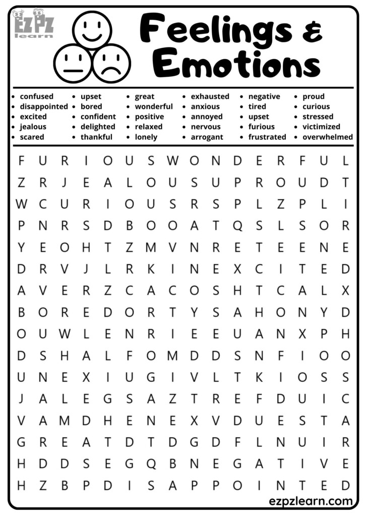 Feelings And Emotions Vocabulary Word Search For English Language Learners Free Printable PDF
