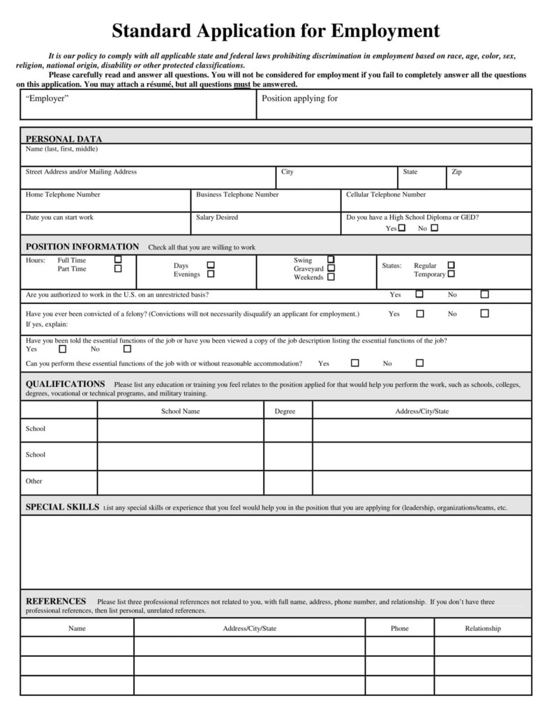 Free Printable Employment Job Application Form Templates PDF 