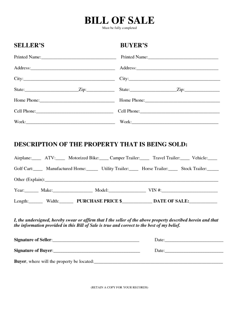 Free Simple Bill Of Sale Template