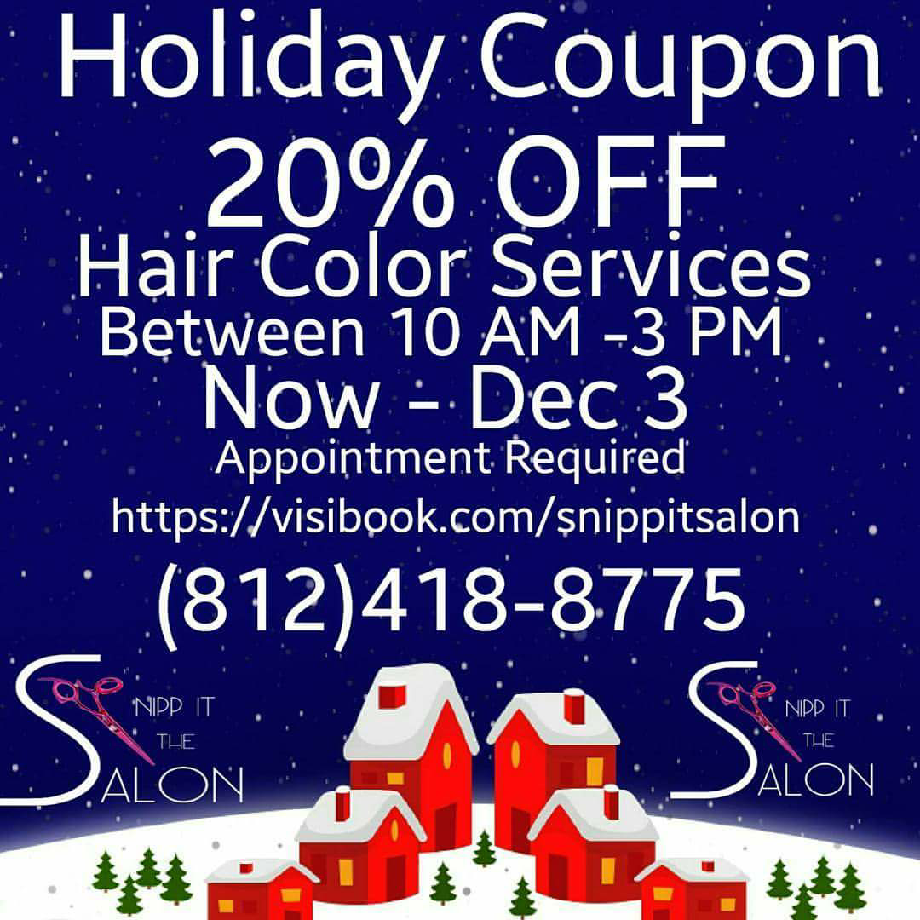 It S Time For Holiday Hair Book Online 24 Hours A Day Or Call 812 418 8775 Holiday Coupons