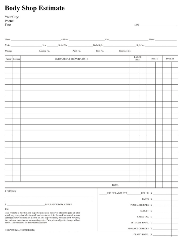 Job Estimate Blank Free Printable Estimate Forms Printable Forms Free Online