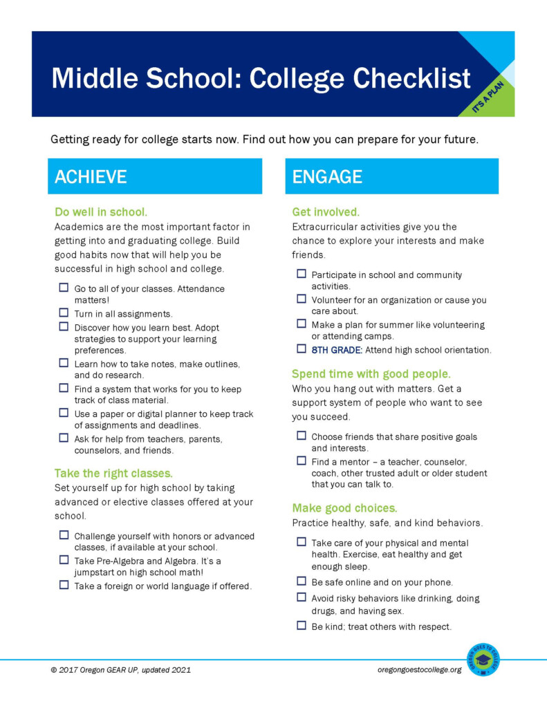 Middle School College Checklist Oregon Goes To College