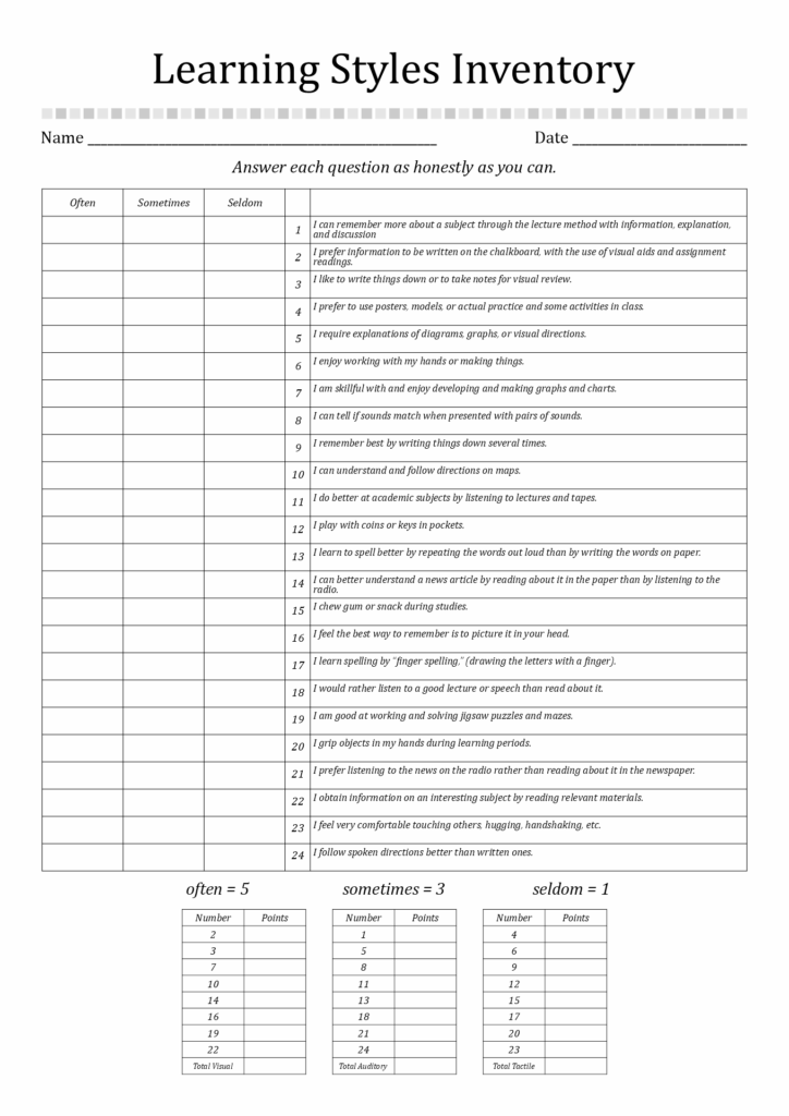 Printable Learning Styles Questionnaire