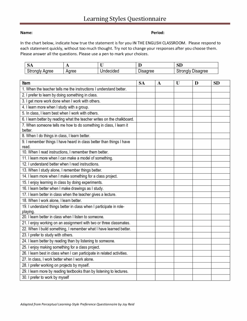 Printable Learning Styles Quiz