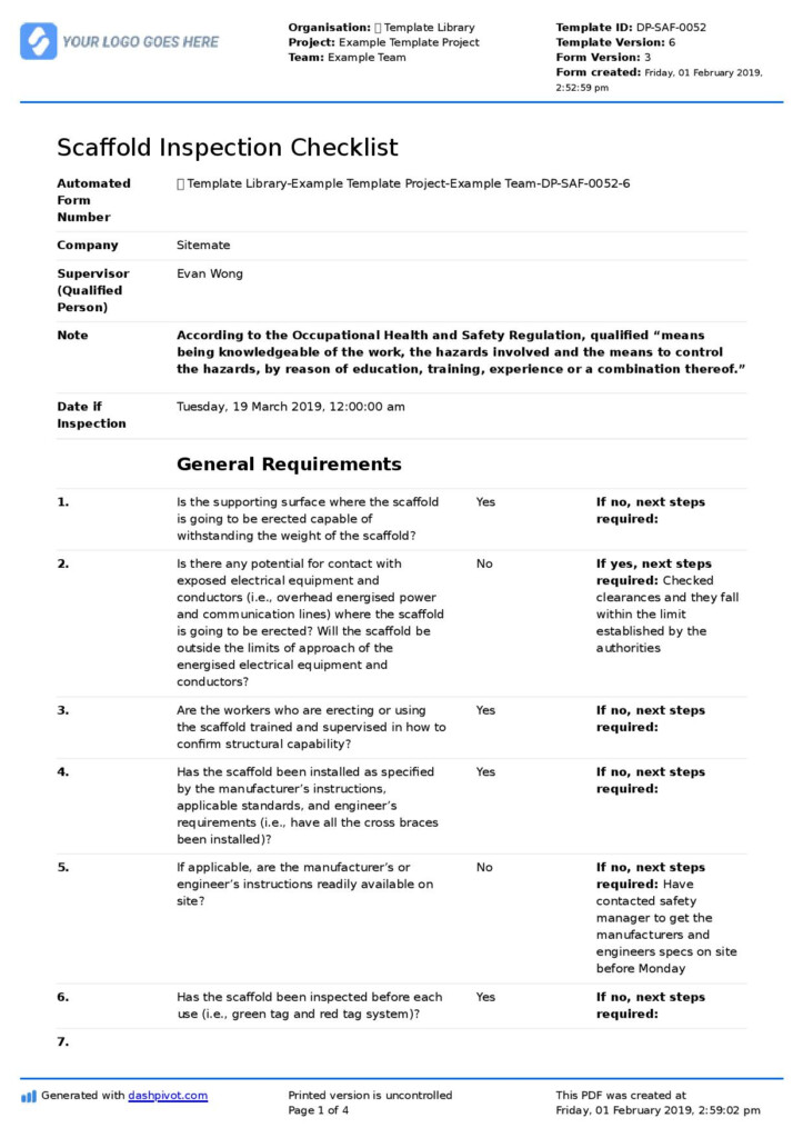 Scaffold Inspection Checklist Free Template Daily Or Weekly Inspection 