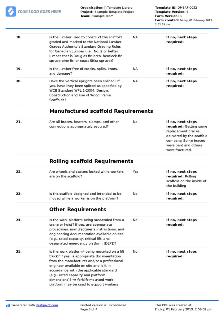 Scaffold Inspection Checklist Free Template Daily Or Weekly Inspection 