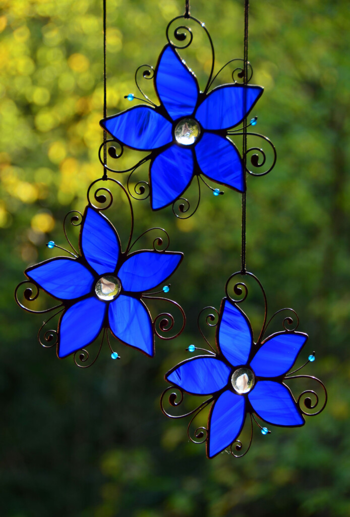 Stained Glass Window Hangings Blue Flower Sun Catcher Glass Flower Housewarming Gift Etsy