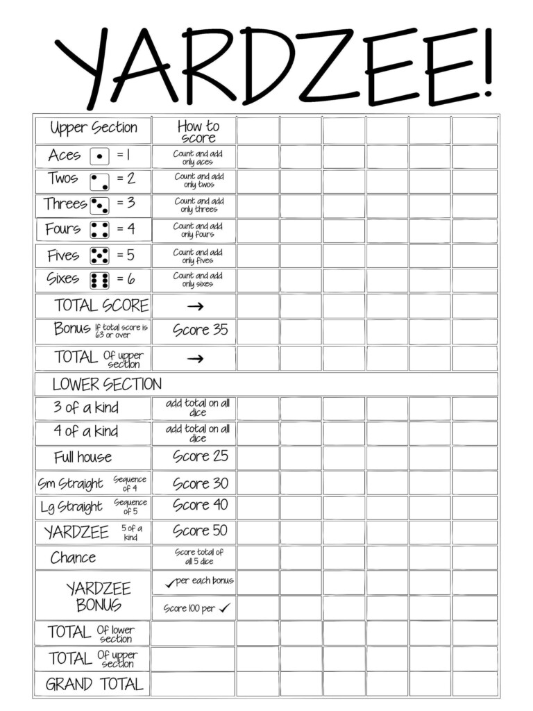 Yahtzee Score Card Printable